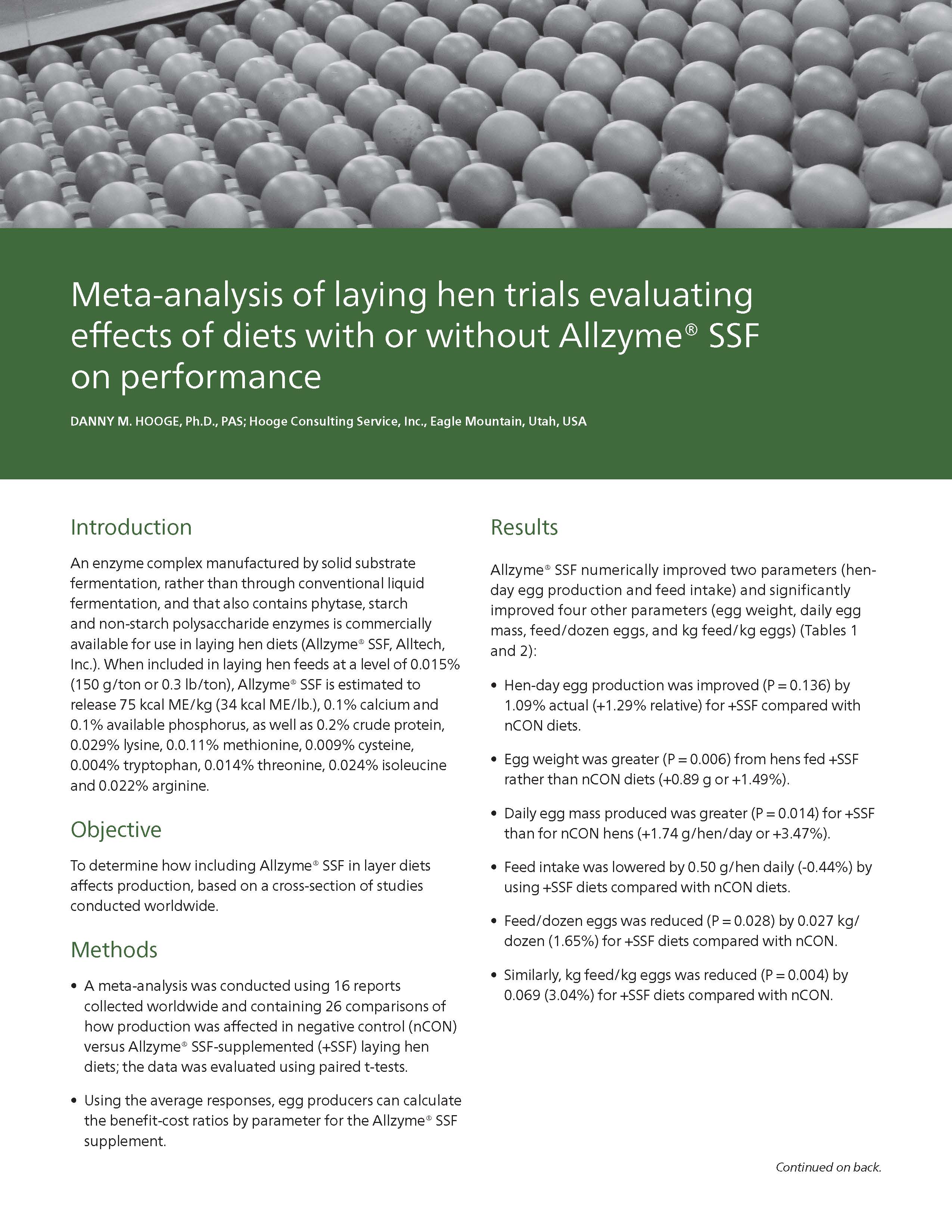 Meta-analysis of laying hen trials evaluating effects of diets with or without Allzyme® SSF on performance - thumbnail image