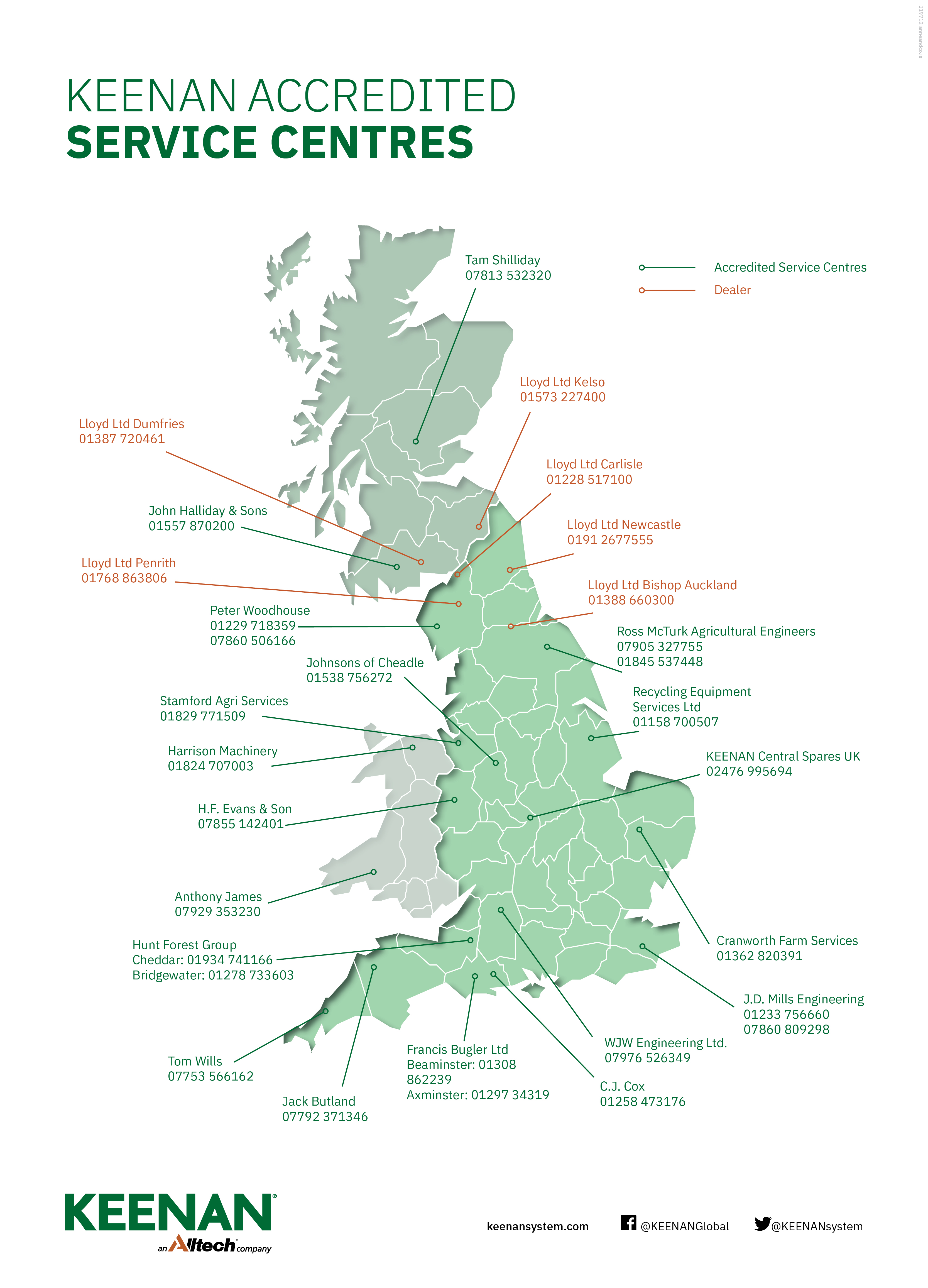 Map of UK's Keenan Accredited Service centres and Dealers, details below