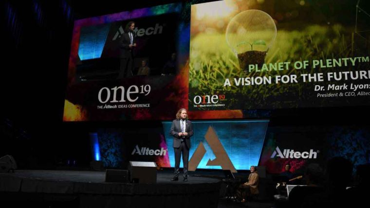 Dr. Mark Lyons speaking on the main stage at ONE: The Alltech Ideas Conference (ONE19)