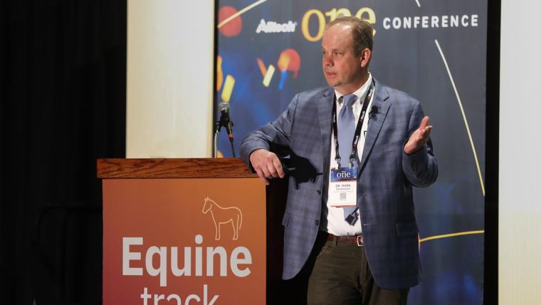 Dr. Mark Revenaugh speaking at the Equine Track during the May 2022 Alltech ONE Conference