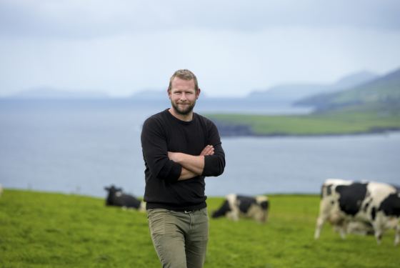Ronan Síochru standing on the coast of Ireland with dairy cows