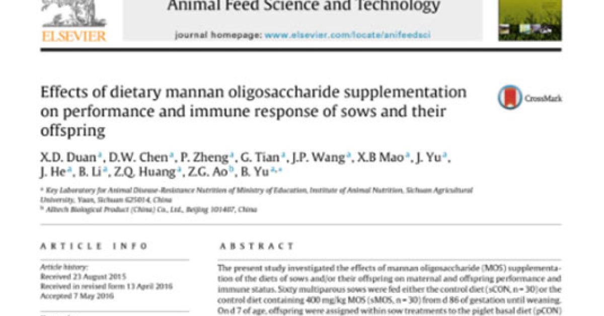 Effects of dietary mannan oligosaccharide supplementation on performance  and immune response of sows and their offspring | Alltech
